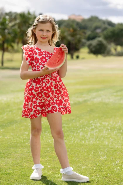 Vestido niña verano floral rojo con amapolas algodón