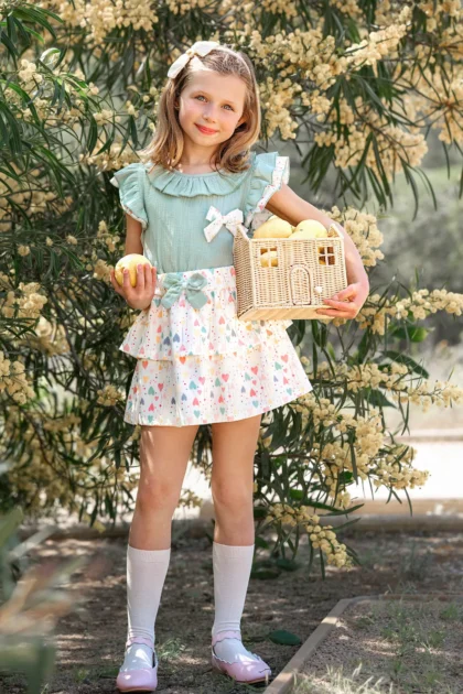 Conjunto de verano para niña con top verde agua y falda de corazones , 8 anos, 10 anos